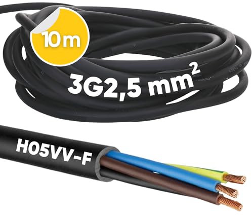 Kalitec H05VV-F - Tubo Flessibile 10 Metri, 3 x 2,5 mm², 3G2,5 mm2, Con Conduttore di Protezione, Cavo PVC per Interni, Elettrico Nero, per Lampada, Dispositivo a 3