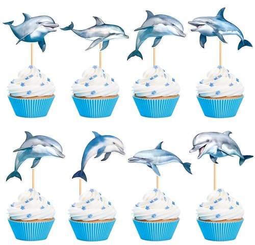 Blumomon 28 Stück Delphin Cupcake Topper Dschungel Safari Tiere Kuchen Dekoration Tiere Figur Kuchen Topper Picks für Babyparty Kindergeburtstag Party Supplie