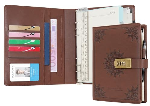 WASON Diary with Lock A5 Binder Ruled Spiral Notebook Journal Planner Portfolio and Refillable Writing Lined Paper Notepad, Pen, Clipboard Organizer For Ideal Business, School & Travel (Coffee)