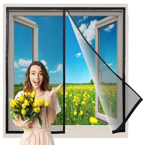 Magnet Fliegengitter Fenster katzennetz 90x115 cm, Mückennetz Multi Größe, mit Klettverschluss Innovativ, Schwarz