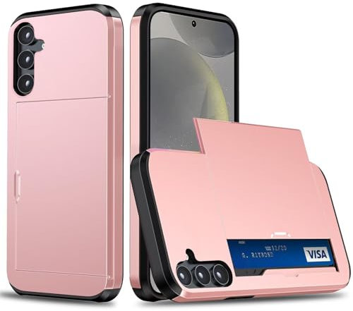 Beajew Coque Portefeuille pour Samsung Galaxy S24/ S25 avec Porte-Cartes, Étui de Protection Téléphone Double Couche Antichoc, Fente Cachée Coulissante, Antichoc TPU+PC Housse Portefeuille - Or Rose