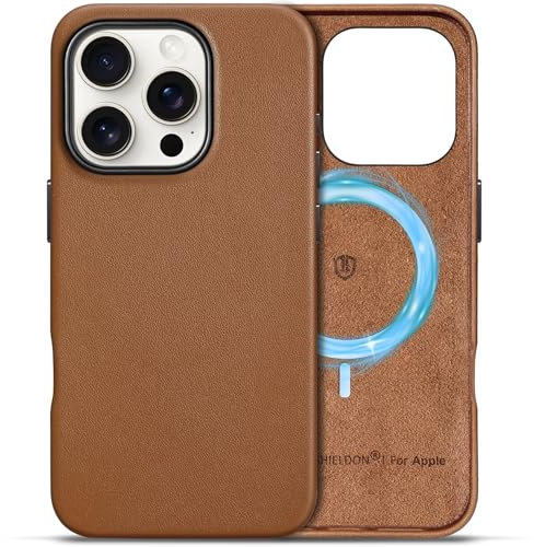 SHIELDON Case for iPhone 16 Pro, Genuine Leather Magnetic Wireless Charging Case[Slim Fit][Anti-Scratch][Non-Slip][Metal Button] Shockproof Phone Cover Compatible with iPhone 16 Pro - Saddle Brown