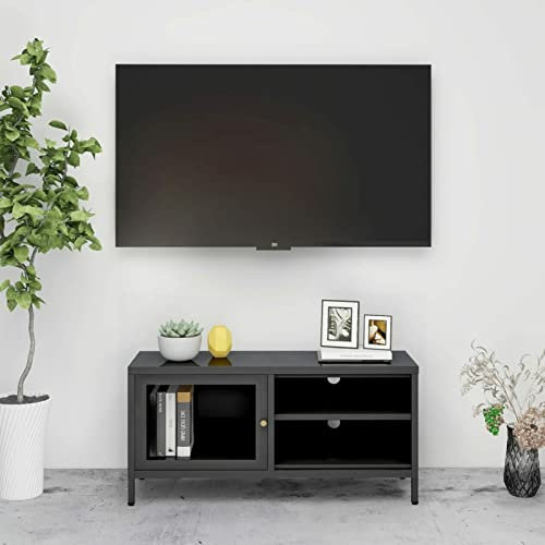 Iiaky Mobile TV Antracite 90x30x44 cm in Acciaio e Vetro,Mobile TV Mobile Porta Televisore,Mobiletto Industriale Tavolino Basso Vintage Console per Salotto