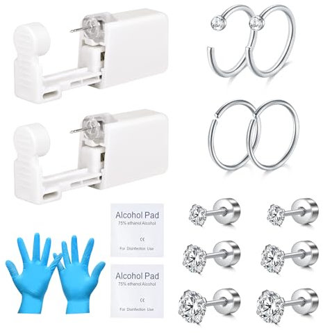 AVYRING 16G Ohrpiercing-Set, Edelstahl Tragus Conch Helix Piercing Set mit integrierten Ohrsteckern, Einweg-Automatik und schmerzlose Piercing-Pistole, Selbst-Ohrpiercing-Set für Zuhause, 16 Stück