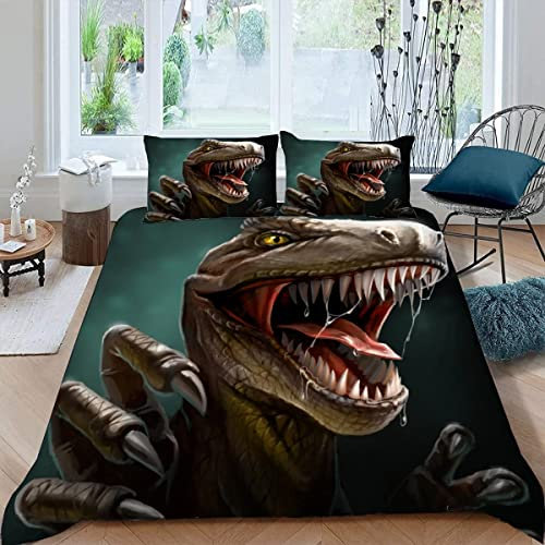 Set di biancheria da letto matrimoniale con dinosauro 3D, in morbida microfibra, stampa animalier, 3 pezzi, copripiumino matrimoniale piccolo con cerniera, anallergico, accogliente