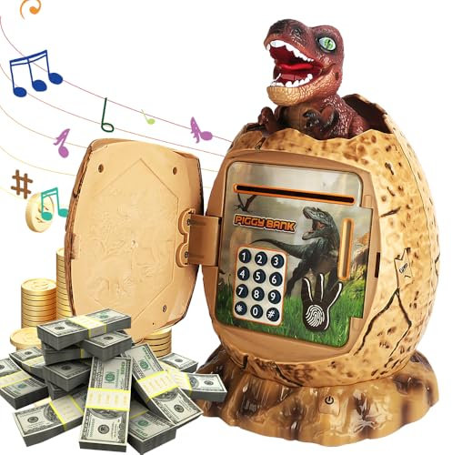 Dhqkqg Dinosaur Egg Money Bank, Money Box for Kids, Dinosaur Egg Electronic ATM Cash Coin Box With Code Lock, Money Saving Box with Music and Night Light, Dinosaur Toys Gifts for Kids Aged 6+