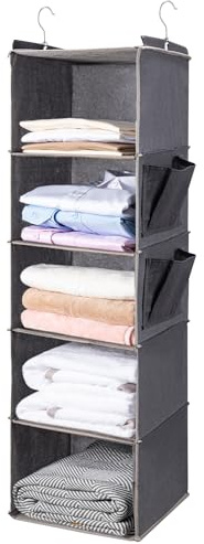 BOOMIBOO Hanging Closet Organize and Shelves,5-Hanging Shelf with 2 Side Pockets,Storage Foldable (Grey)