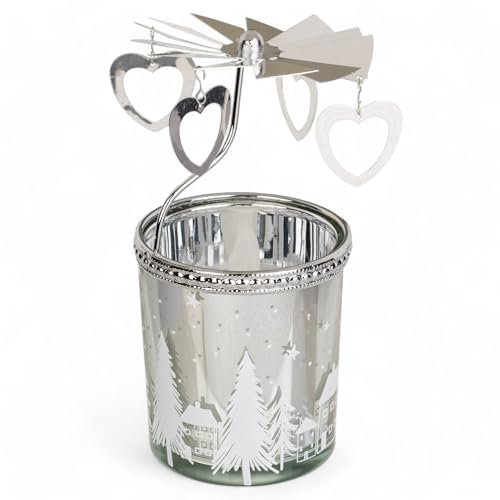 Photophore rotatif en forme de carrousel de Noël - En métal - Mini pyramide - 12 cm - Argenté - Verre votif et cœur