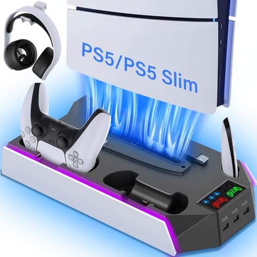 PS5/PS5 Slim Cooling Station Stand RGB con Dual Controller Base di Ricarica per PlayStation 5 Console PS5, accessori PS5 incl. caricatore del controller, ventola di raffreddamento, supporto per