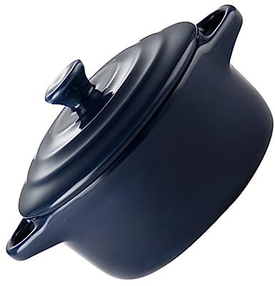 LALADEFIEE Ceramic Double Handle Stew Bowl 230ml Lid Microwave Oven Compatible Dark Blue for Home Kitchen Cooking
