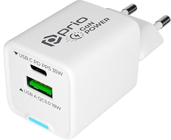 prio® GaN 35W USB C Schnellladegerät | 1x USB C + 1x USB A | 2-Port Ladegerät für Tablet & Smartphone | kompakt & sicher | weiß