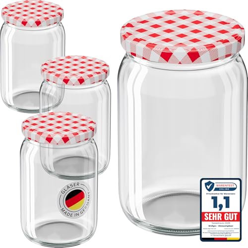 WELLGRO 12x Einmachgläser mit Schraubdeckel - 550ml - Deckel rot kariert To 82 - Made in Germany - Vorratsgläser mit Deckel, Gärglas, Dessertgläser
