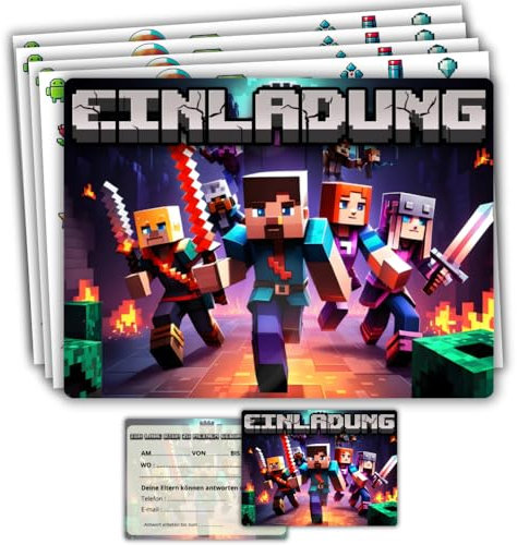 roxisha – Set mit 10 Einladungskarten Geburtstag Minecraft + Umschläge – für Jungen und Teenager – Postkartenformat 10,4 x 14,8 cm – Vorgefertigt auf Deutsch – Ideal für Geburtstagsparty und Feier