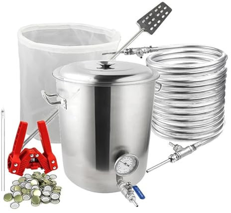 LCQSYE Bier brauen Set Gegenstrom-Würzekühler und 40-Liter-Brühkessel/Topf mit Würzerührer und Flaschenfüller und Flaschenverschließer Kronkorken verschlussgerät
