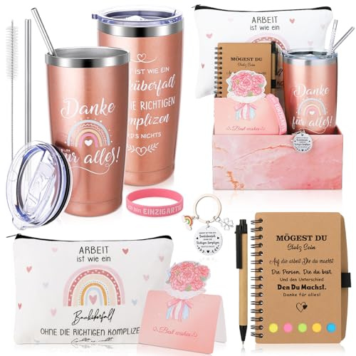Xialvyu Abschiedsgeschenk Kollegen Jobwechsel, 20 oz Edelstahl Thermosbecher mit Strohhalm und Bürste, Inklusive Notizbuch, Schlüsselanhänger, Grußkarten, Armbänder, Kosmetiktaschen und Geschenkboxen