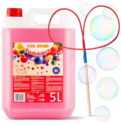BIG SOAP BUBBLES Seifenblasenflüssigkeit 5 Liter + 1x Junior-Schmetterlingsstab | Flüssigkeit für große Seifenblasen | Für Kinder & Erwachsene – Geburtstag & Hochzeit