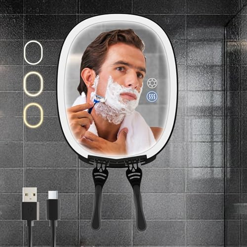 VOCOSTE Heated Shower Mirror Fogless, Shower Mirrors for Shaving Anti Fog, Suction Shaving Mirror for Shower with Storage Holder, 3-Color Dimmable LED Lights, 360° Rotation Runtime 5000mAh
