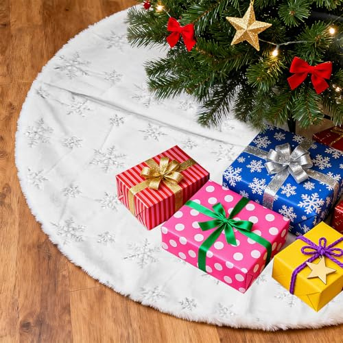 BUCOMTU Weihnachtsbaumdecke 122 cm, Weihnachtsbaumrock mit Schneeflockenmuster, Kiefer Decke mit rundem Teppich, Tannenbaumdecke für Frohe Weihnachten Party Dekorationen