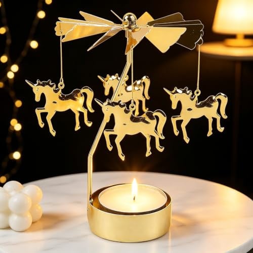 Teelicht Karussell Weihnachten Einhorn Teelicht Pyramide Glücks-Windmühle | Weihnachtskarussell Teelichtständer Gold für Valentinstag Weihnachten Hochzeiten Partys und als Dekoration für Zuhause