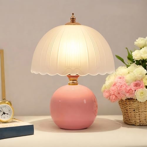 Mengjay Lampe de Table Vintage en Céramique,E27 Lampe de Chevet avec Abat-Jour en Verre,Lampe de Bureau Intérieur avec Prise et Interrupteur pour Chambre Salon Bureau Bar (Rose)