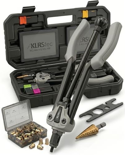 KLRStec Professional Remachadora de Tuercas Set [M3-M12] Pinza Semiautomática para Trabajo Más Rápido incl. 70 Tuercas Remachables, Broca Escalonada y Maletín - Kit Pro Insertos Roscados