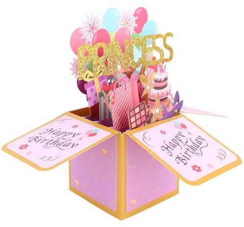 Alles Gute Zum Geburtstag, Pop-Up-Karte für Prinzessin, Bunte Luftballons und Feuerwerk 3D-Geburtstagskarte mit Umschlag Kreative Pop-Up-Geschenkbox für Tochter Schwestern Mädchen Freunde