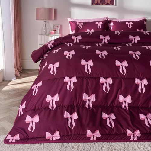 OHS Coverless Duvet Double, 10.5 Tog Bow Bedding Soft Warm Microfibre Coverless Duvet Summer Winter Camping Blanket Quilt Washable Double Duvets with Pillowcases, Burgundy