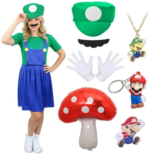 Kitimi Karneval Super Brothers Cosplay Kostüme für Erwachsene, Damen Lui gi Kostüm Set mit Hut und Schnurrbart, Damen Cosplay Outfit für Karneval Fasching Halloween -Grün