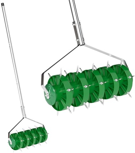 Outsunny Rouleau aérateur de pelouse avec poignée démontable en 3 Parties, aérateur de Gazon Manuel, Outil carotteur de pelouse pour Cour, terrasse, Jardin, 45 x 21 x 140 cm, Vert foncé