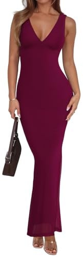 REORIA Women's Summer V Neck Sleeveless Wedding Guest Maxi Dress Sexy Mesh Bodycon Long Dresses Cordovan Large