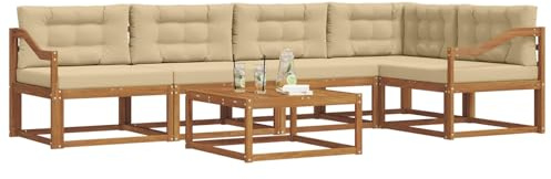 vidaXL Outdoor-Sofagarnitur mit Kissen 6 pcs Natur und Beige, Gartenmöbelset, modernes Patiosofa, Robustes modulares Lounge-Set, Outdoor-Sitzgelegenheit für Garten, Poolbereich, Akazienholz