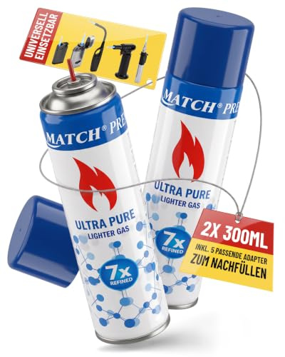 2X Premium Feuerzeuggas 300 ml mit 5 Adaptern, 7X gefiltert, 99,99% rein | Universal-Nachfüllgas für Jetflame-, Sturm- und Taschenfeuerzeuge sowie Küchenbrenner