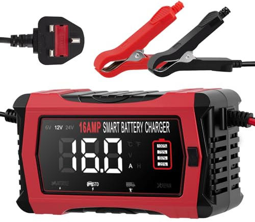 Car Battery Charger 12V, 16A 6V/12V/24V Automatic Smart Charger Car Battery | Battery Maintainer for Lithium LiFePO4&Acid Batteries, Trickle Charger for Car Motorcycle Boat Camper, 12V Battery Charger