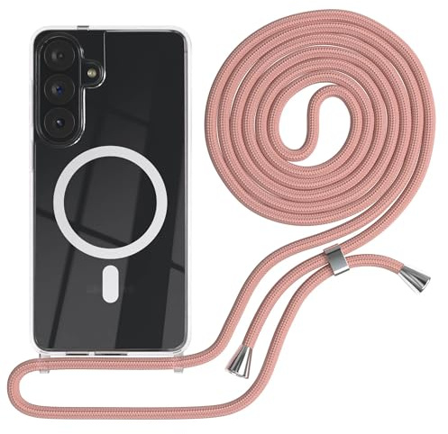 EAZY CASE - Handykette kompatibel mit Galaxy S26 Plus Kette zum Umhängen Stoßfest Handyhülle für Galaxy S26 Plus Silikon Hülle Band Handytasche Transparent als Fallschutz in Alt Rosa - Clips Silber