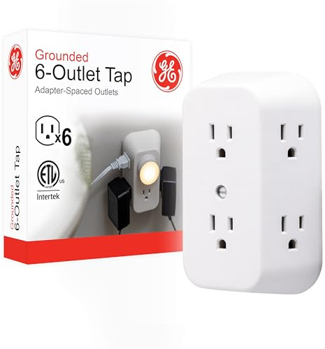 GE 6-Outlet Extender, Grounded Wall Tap, Adapter Spaced Outlets, 3-Prong, Multiple Plug, Quick and Easy Install, Cruise Essentials, ETL Listed, White, 50759