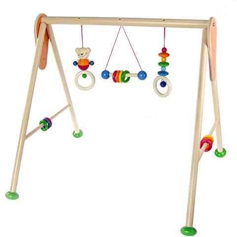 Hess Holzspielzeug 13371 - Spielgerät aus Holz, Serie Bär Henry, für Babys, handgefertigter Spielbogen mit farbenfrohen Figuren und Rasseln, ca. 62 x 57 x 55 cm