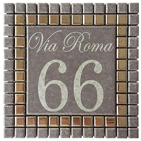 GUIZZO Creart - Numero Civico Esterno Personalizzato in Ceramica, Targhetta Personalizzata Via/Nomi con Cornice Mosaico, Targhetta Porta Ingresso Personalizzata Made in Italy 14x14H cm, Grigio/Argento