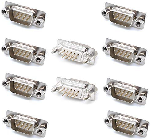 Oiyagai Lot de 10 Connecteurs DB9 Plaqués Or 9 Broches 2 Rangées avec Vis de Verrouillage, Angle de 180 Degrés, Mâle, Blanc