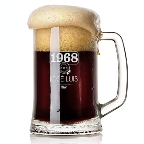 Jarra de cerveza personalizada con nombre y año de nacimiento grabado. Estuche de regalo incluido. Regalo personalizado para Padre, Amigo, Hermano, Novio/Jarra de cristal 510ml