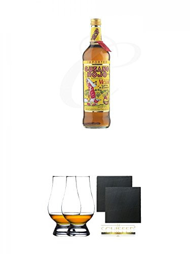 Gusano Rojo Mezcal mit Wurm in der Flasche 0,7 Liter + The Glencairn Glas Stölzle 2 Stück + Schiefer Glasuntersetzer eckig ca. 9,5 cm Ø 2 Stück