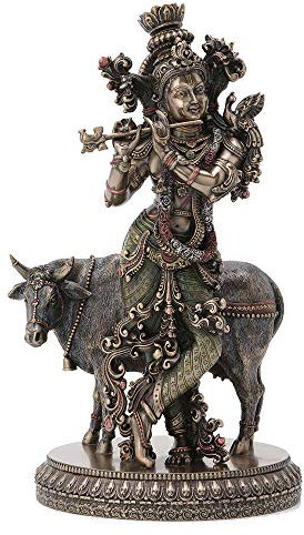 Veronese Design Skulptur, Hindu-Gott Krishna und die Heilige Kuh, Antik-Bronze-Finish, 26,7 cm