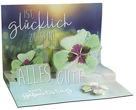KE - 3D Pop Up Geburtstagskarte, Glückwunsch & Glücksmotiv, Glitzer-Elemente, DIN B6 - Glücksklee Motiv