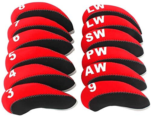 FLTRAD 12pcs/set Iron Club Protector Golf Head Covers 3-9 AW/SW/PW/LW Elastic Reused Neoprene Material with Number Tag Protect Case For Gift (Red)