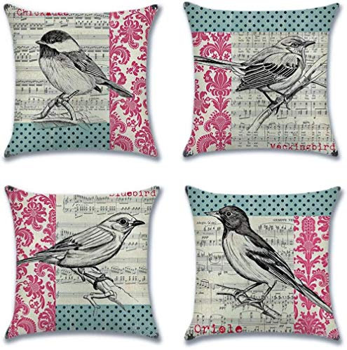Chenso 4er Pack Kissenbezüge Kissen für Sofa Baumwolle Leinen werfen dekorative Kissenbezug für Auto Schlafsofa 45 x 45cm-Vogel Noten