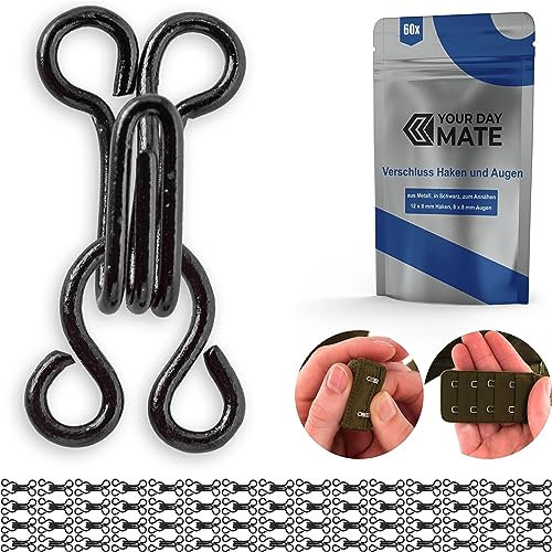 Chiusura per Abbigliamento, 60 Coppie, Lunghezza Totale 17 mm, Nero, Gancio 12 x 8 mm, Occhiello 8 x 8 mm, Accessori Merceria, Set da Cucito per Prolunga Reggiseno, Bikini, Abito, Lingerie, Hook