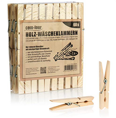 COM-FOUR® 60 mollette in legno – mollette durevoli in legno di betulla – mollette in legno non trattato (060 pezzi – betulla)