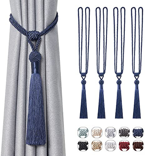 Pretty Jolly Langen Quasten Vorhang-Raffhalter Handmade geflochtene Seil Knoten drapierte Raffhalter Elegante dekorative Vorhanghalter für Zuhause und Büro, Dunkelblau, 4 Stück