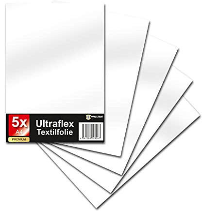 Ultraflex S Textilfolie für Plotter 61 Farben Din A4 Bogen 30x20cm Plotterfolie matt auf Stoffe Kleidung T-Shirt Folie Flexfolie DIY Zubehör (08 Weiß, 5er Set)