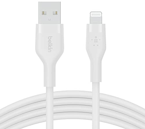 Belkin BoostCharge Flex Silicone USB Type A to Lightning Cable (2M/6.6FT), MFi Certified Charging Cable for iPhone 14/14 Plus, 13, 12, Pro, Max, Mini, SE, iPad and More – White