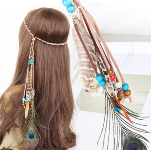 LEEMASING Indische Feder-Stirnbänder, Quaste, Pfauen-Haarband, Boho-Perlen, Kopfschmuck für Frauen und Mädchen, Halloween, Festival, Kopfschmuck